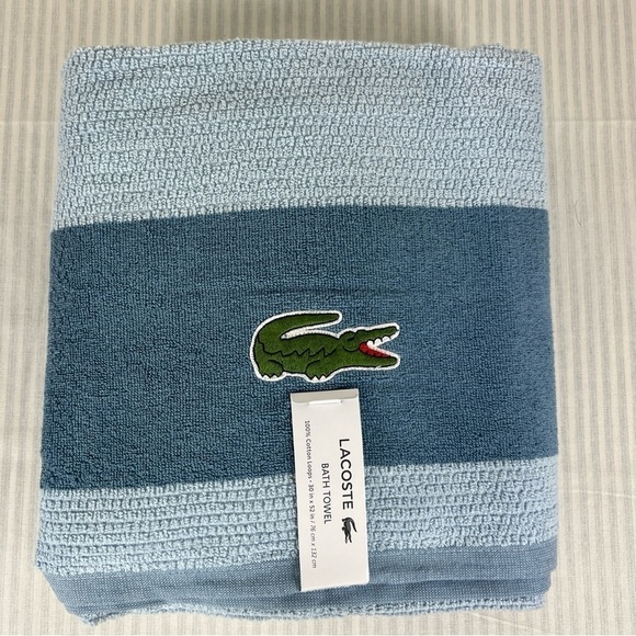 Lacoste Bath Towels Blue Big Crocodile Logo 30" x 52" 100% Cotton Set of 2 NEW - Picture 4 of 8